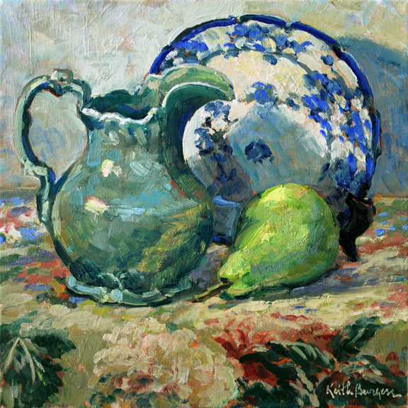 "Pitcher Plate And Pear" by Keith Burgess